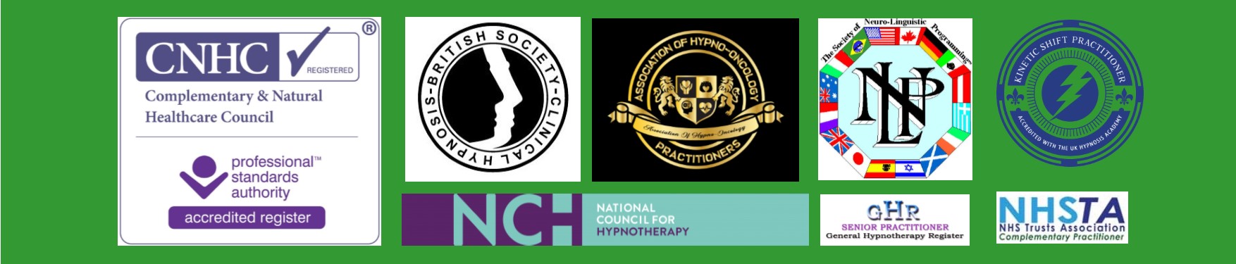 Release Hypnotherapy accreditations Complementary and Natural Healthcare Council (CNHC), British Society of Clinical Hypnosis (BSCH), Society of Neuro Linguistic Programming (SNLP), Kinetic Shift (KS), The Association of Hypno-Oncology Practitioners (AHOP), General Hypnotherapy Register (GHR), National Council for Hypnotherapy  (NCH), National Health Service Trusts Association (NHSTA) logos